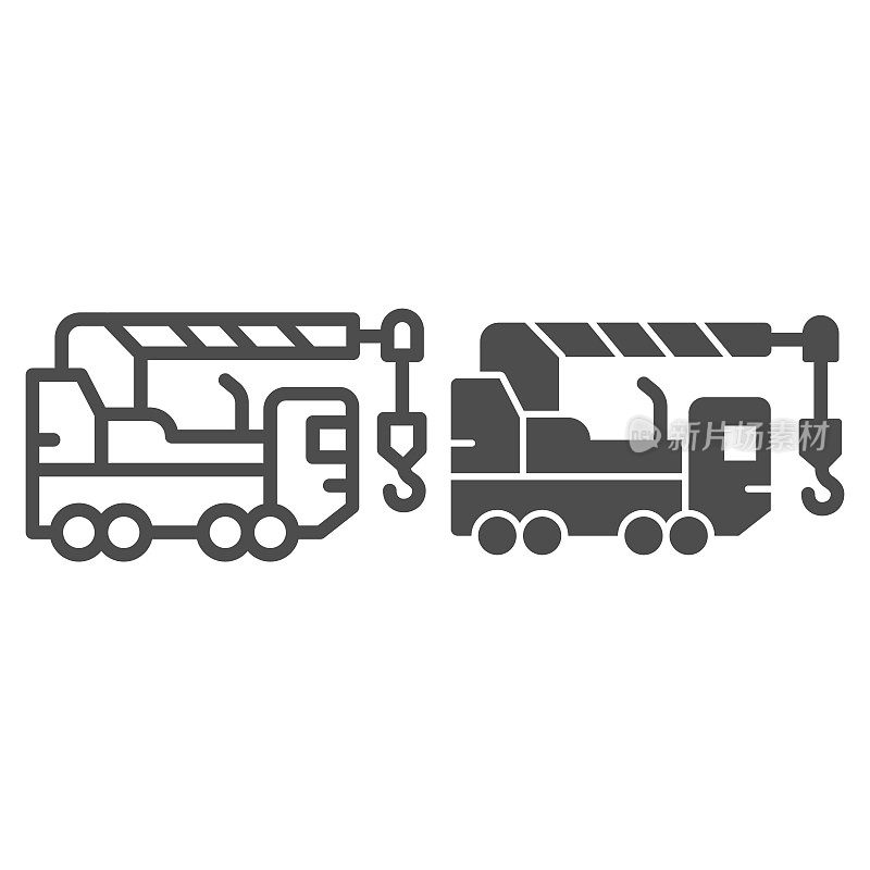 Heavy duty truck line and solid icon, heavy equipment concept, crane truck sign on white background, equipment for construction icon in outline style for mobile concept, web design. Vector graphics.
